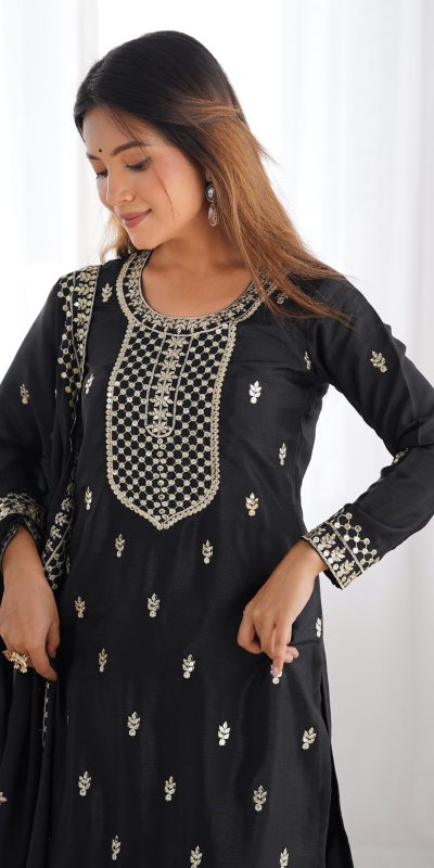 KB 282 Black Color Chinon Silk Embroidery With Jari Work Salwar Suit Casual, Wedding, Festive, Events . Expected Delivery 4-6 Working Days @1949/- only | Jump Suits, Salwar suit, Casual Suits, Creative suits, Designer Suits, Palazzo Suits, Party Wear Suits, Patiala Suits, Straight Suits