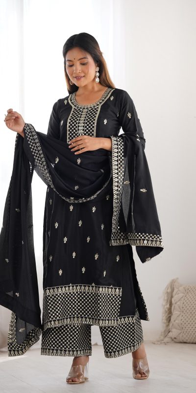KB 282 Black Color Chinon Silk Embroidery With Jari Work Salwar Suit Casual, Wedding, Festive, Events . Expected Delivery 4-6 Working Days @1949/- only | Jump Suits, Salwar suit, Casual Suits, Creative suits, Designer Suits, Palazzo Suits, Party Wear Suits, Patiala Suits, Straight Suits