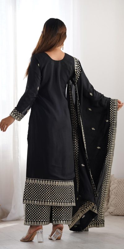 KB 282 Black Color Chinon Silk Embroidery With Jari Work Salwar Suit Casual, Wedding, Festive, Events . Expected Delivery 4-6 Working Days @1949/- only | Jump Suits, Salwar suit, Casual Suits, Creative suits, Designer Suits, Palazzo Suits, Party Wear Suits, Patiala Suits, Straight Suits