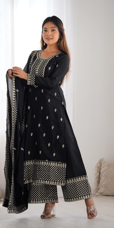 KB 282 Black Color Chinon Silk Embroidery With Jari Work Salwar Suit Casual, Wedding, Festive, Events . Expected Delivery 4-6 Working Days @1949/- only | Jump Suits, Salwar suit, Casual Suits, Creative suits, Designer Suits, Palazzo Suits, Party Wear Suits, Patiala Suits, Straight Suits