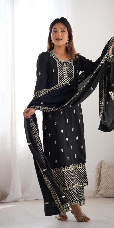 KB 282 Black Color Chinon Silk Embroidery With Jari Work Salwar Suit Casual, Wedding, Festive, Events . Expected Delivery 4-6 Working Days @1949/- only | Jump Suits, Salwar suit, Casual Suits, Creative suits, Designer Suits, Palazzo Suits, Party Wear Suits, Patiala Suits, Straight Suits