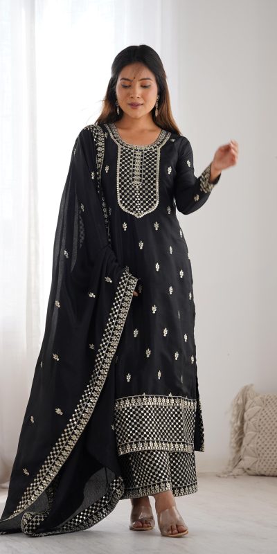KB 282 Black Color Chinon Silk Embroidery With Jari Work Salwar Suit Casual, Wedding, Festive, Events . Expected Delivery 4-6 Working Days @1949/- only | Jump Suits, Salwar suit, Casual Suits, Creative suits, Designer Suits, Palazzo Suits, Party Wear Suits, Patiala Suits, Straight Suits