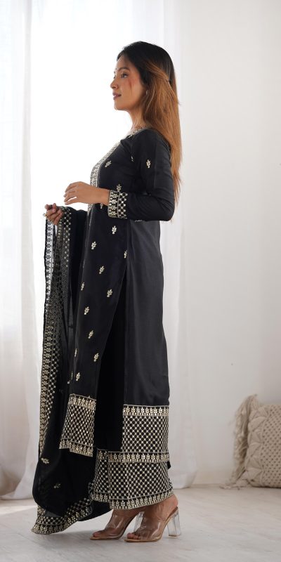 KB 282 Black Color Chinon Silk Embroidery With Jari Work Salwar Suit Casual, Wedding, Festive, Events . Expected Delivery 4-6 Working Days @1949/- only | Jump Suits, Salwar suit, Casual Suits, Creative suits, Designer Suits, Palazzo Suits, Party Wear Suits, Patiala Suits, Straight Suits