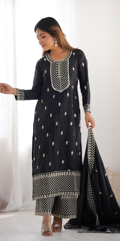 KB 282 Black Color Chinon Silk Embroidery With Jari Work Salwar Suit Casual, Wedding, Festive, Events . Expected Delivery 4-6 Working Days @1949/- only | Jump Suits, Salwar suit, Casual Suits, Creative suits, Designer Suits, Palazzo Suits, Party Wear Suits, Patiala Suits, Straight Suits