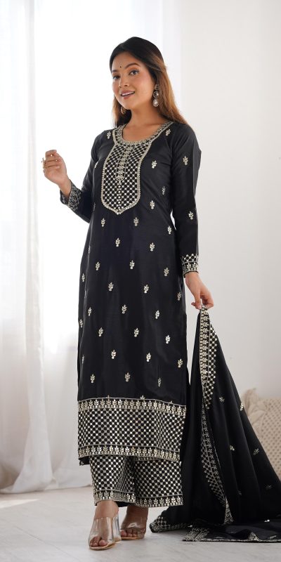 KB 282 Black Color Chinon Silk Embroidery With Jari Work Salwar Suit Casual, Wedding, Festive, Events . Expected Delivery 4-6 Working Days @1949/- only | Jump Suits, Salwar suit, Casual Suits, Creative suits, Designer Suits, Palazzo Suits, Party Wear Suits, Patiala Suits, Straight Suits
