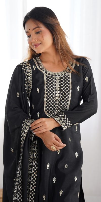 KB 282 Black Color Chinon Silk Embroidery With Jari Work Salwar Suit Casual, Wedding, Festive, Events . Expected Delivery 4-6 Working Days @1949/- only | Jump Suits, Salwar suit, Casual Suits, Creative suits, Designer Suits, Palazzo Suits, Party Wear Suits, Patiala Suits, Straight Suits