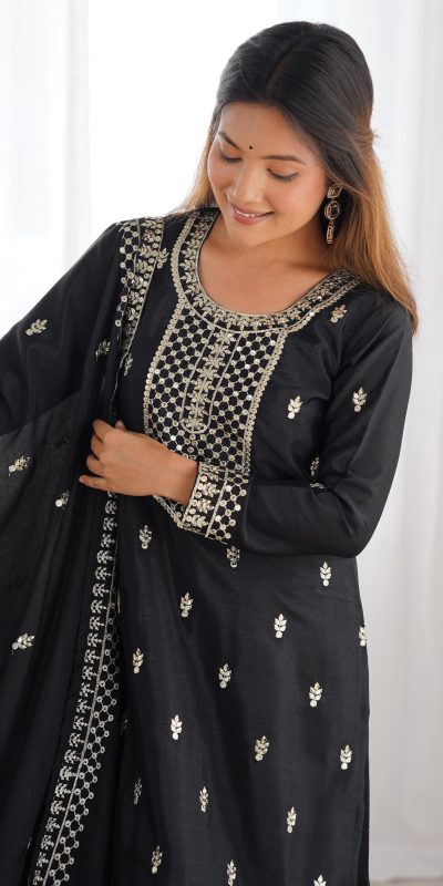 KB 282 Black Color Chinon Silk Embroidery With Jari Work Salwar Suit Casual, Wedding, Festive, Events . Expected Delivery 4-6 Working Days @1949/- only | Jump Suits, Salwar suit, Casual Suits, Creative suits, Designer Suits, Palazzo Suits, Party Wear Suits, Patiala Suits, Straight Suits
