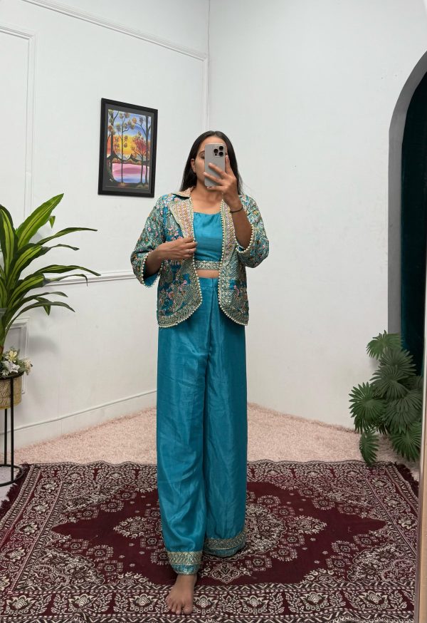 Blue Chinon Embroidery With Moti Lace Salwar Suit - Image 2