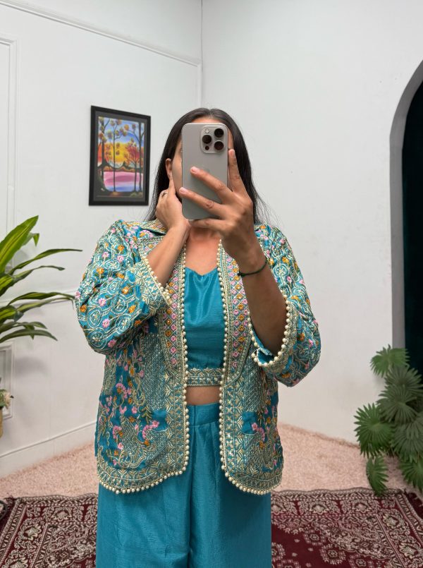 Blue Chinon Embroidery With Moti Lace Salwar Suit - Image 3