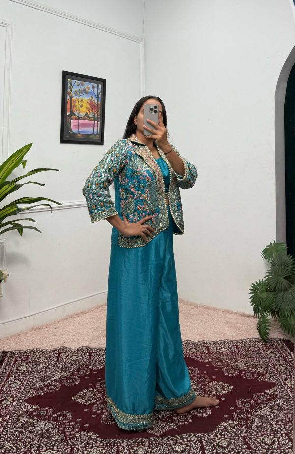 Blue Chinon Embroidery With Moti Lace Salwar Suit - Image 4
