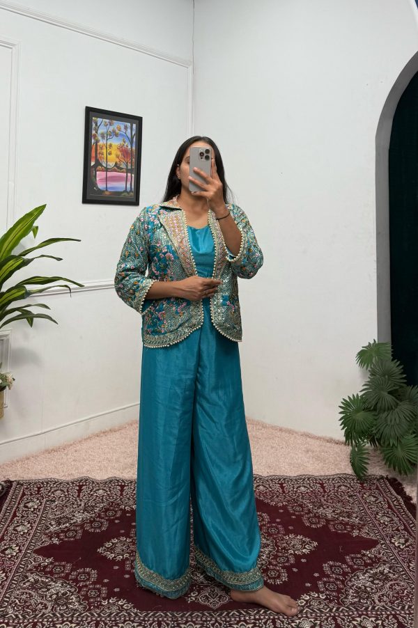 Blue Chinon Embroidery With Moti Lace Salwar Suit - Image 5