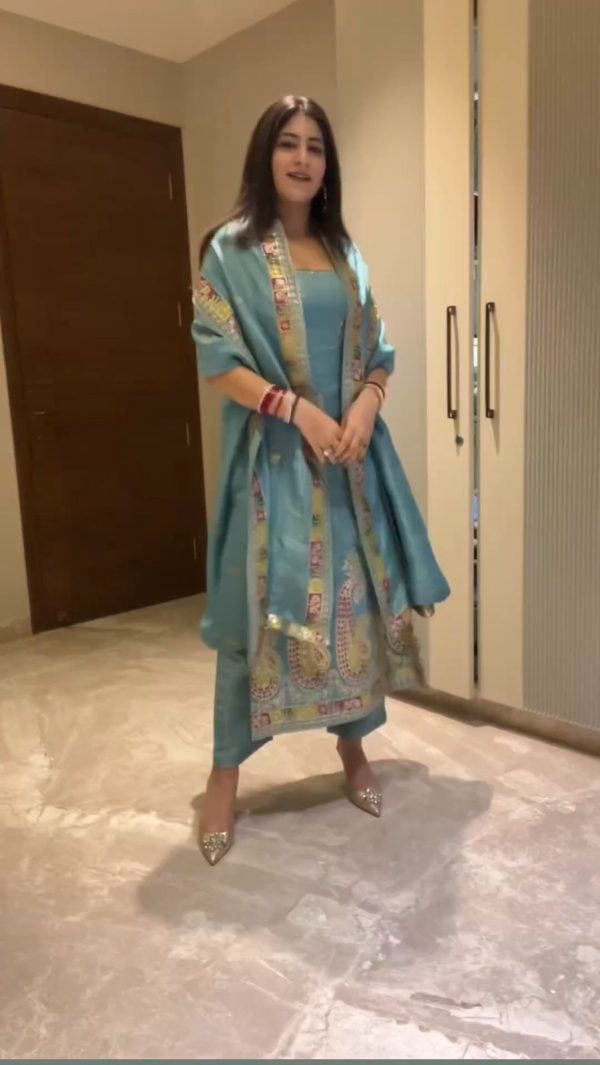 Blue Chinon Silk Embroidery Sequence Work Salwar Suit - Image 2