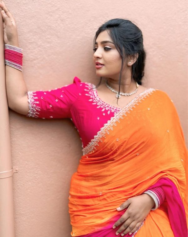 Orange And Pink Chinnon Embroidery Sequence Saree - Image 2