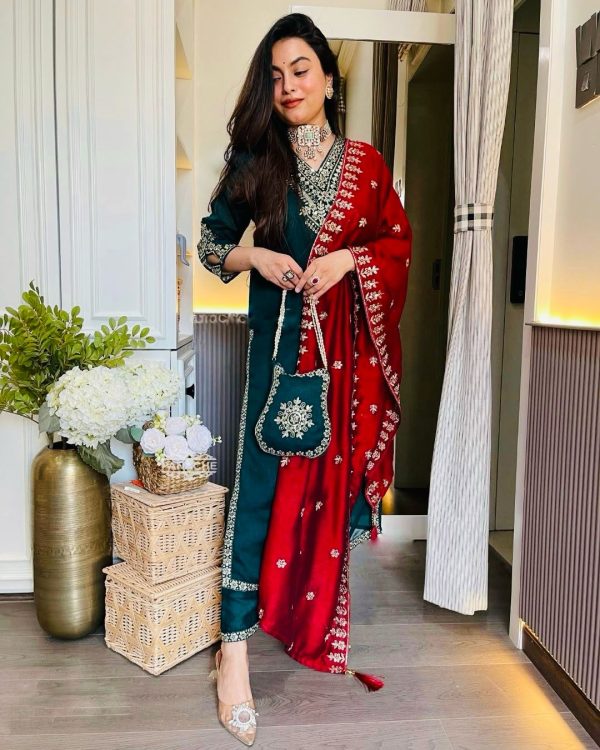 Peacock Blue Chinon Embroidery Work Salwar Suit - Image 3
