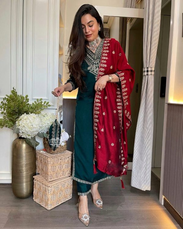 Peacock Blue Chinon Embroidery Work Salwar Suit - Image 4