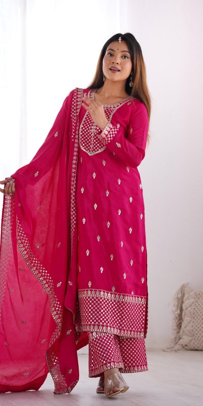 KB 282 Pink Color Chinon Silk Embroidery Jari Work Salwar Suit Casual, Wedding, Festive, Events . Expected Delivery 4-6 Working Days @1949/- only | Jump Suits, Salwar suit, Casual Suits, Creative suits, Designer Suits, Palazzo Suits, Party Wear Suits, Patiala Suits, Straight Suits