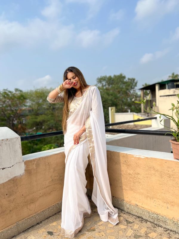 White Georgette Sequence Work Lace Saree - Image 2