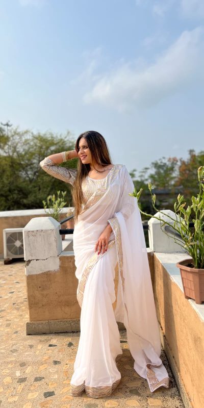 JR 579 White Color Georgette Sequence Work Lace Saree Casual, Wedding, Festive, Events . Expected Delivery 4-6 Working Days @1599/- only | Sarees, Bollywood Sarees, Creative Sarees, Designer Sarees, Embroidered Sarees, Ethnic Saree, Modern Digital sarees, Party Wear Sarees
