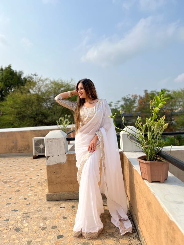 White Georgette Sequence Work Lace Saree - Image 5
