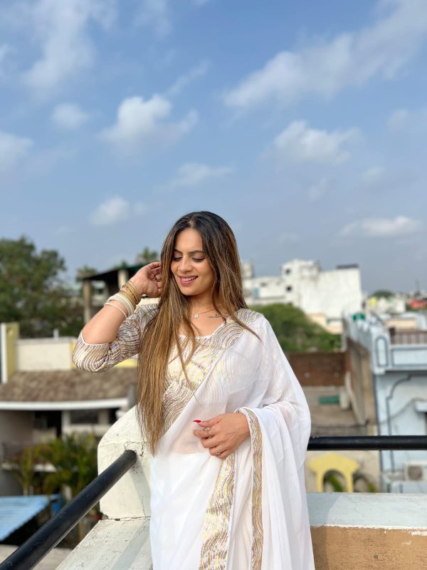 White Georgette Sequence Work Lace Saree - Image 6