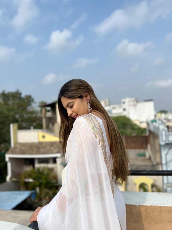 White Georgette Sequence Work Lace Saree - Image 7