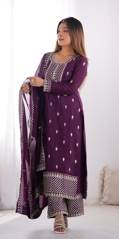 KB 282 Wine Color Chinon Silk Embroidery With Jari Work Salwar Suit Casual, Wedding, Festive, Events . Expected Delivery 4-6 Working Days @1949/- only | Jump Suits, Salwar suit, Casual Suits, Creative suits, Designer Suits, Palazzo Suits, Party Wear Suits, Patiala Suits, Straight Suits