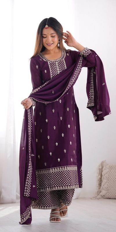 KB 282 Wine Color Chinon Silk Embroidery With Jari Work Salwar Suit Casual, Wedding, Festive, Events . Expected Delivery 4-6 Working Days @1949/- only | Jump Suits, Salwar suit, Casual Suits, Creative suits, Designer Suits, Palazzo Suits, Party Wear Suits, Patiala Suits, Straight Suits