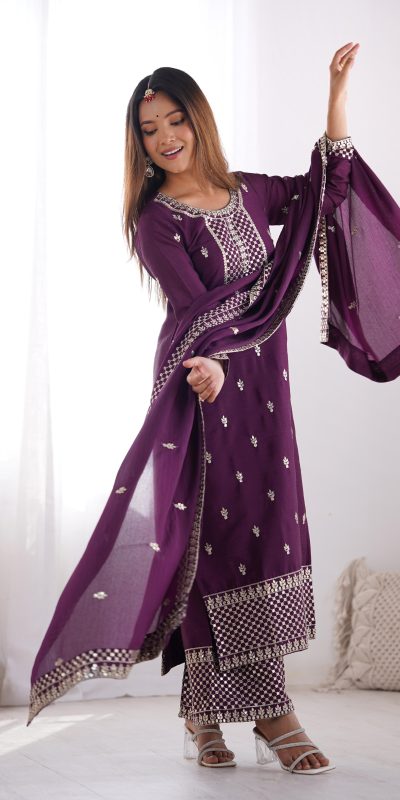 KB 282 Wine Color Chinon Silk Embroidery With Jari Work Salwar Suit Casual, Wedding, Festive, Events . Expected Delivery 4-6 Working Days @1949/- only | Jump Suits, Salwar suit, Casual Suits, Creative suits, Designer Suits, Palazzo Suits, Party Wear Suits, Patiala Suits, Straight Suits
