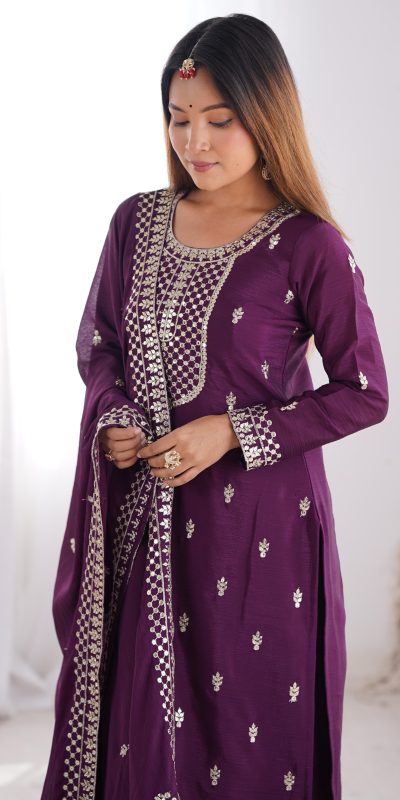 KB 282 Wine Color Chinon Silk Embroidery With Jari Work Salwar Suit Casual, Wedding, Festive, Events . Expected Delivery 4-6 Working Days @1949/- only | Jump Suits, Salwar suit, Casual Suits, Creative suits, Designer Suits, Palazzo Suits, Party Wear Suits, Patiala Suits, Straight Suits