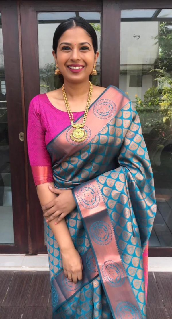 Blue Soft Litchi Silk Jacquard Work On All Over Saree - Image 2