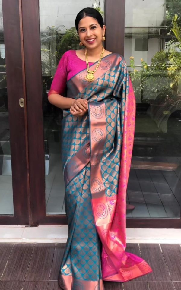 Blue Soft Litchi Silk Jacquard Work On All Over Saree - Image 3