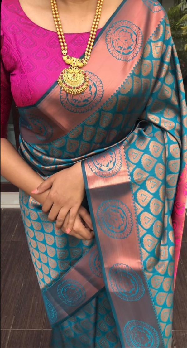 Blue Soft Litchi Silk Jacquard Work On All Over Saree - Image 4