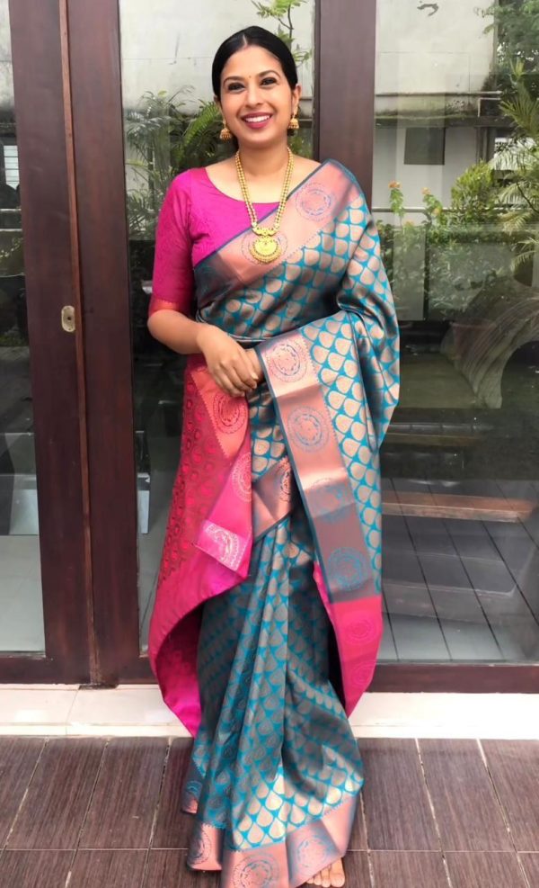 Blue Soft Litchi Silk Jacquard Work On All Over Saree - Image 5