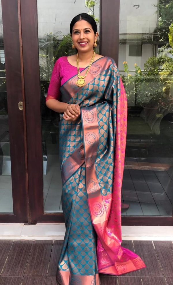 Blue Soft Litchi Silk Jacquard Work On All Over Saree - Image 6