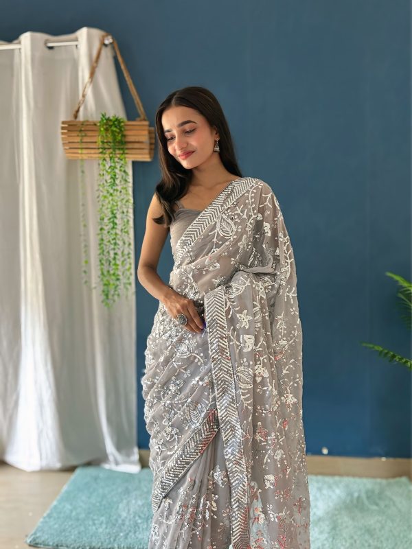 Grey Georgette Sequence Work Saree - Image 3