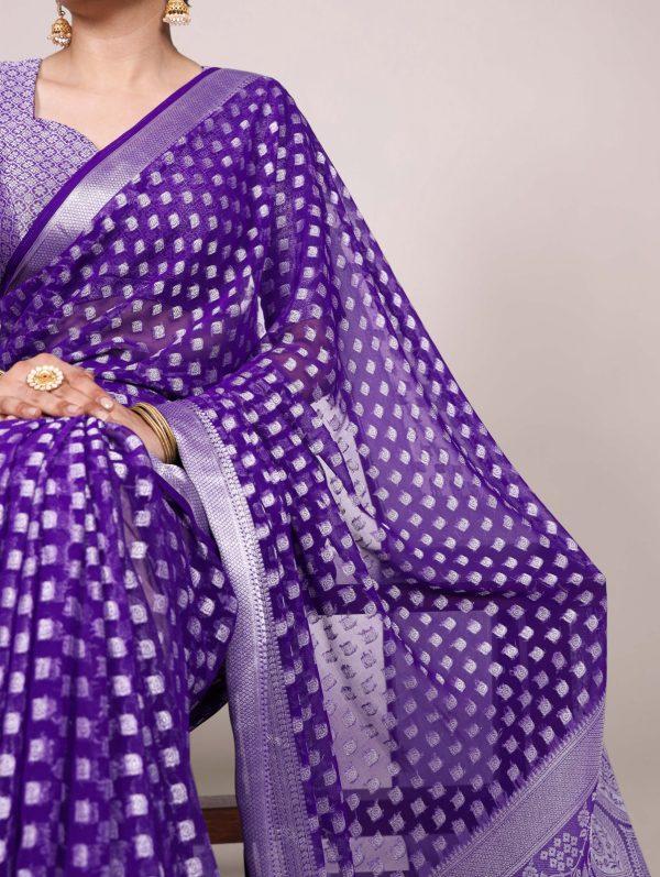 Purple Nylon Georgette Zari Weaving Work Saree - Image 2