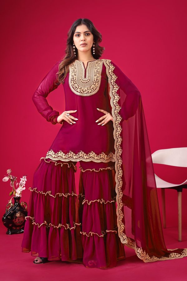 Magical Red Color Faux Georgette Embroidery Sequence Work Salwar Suit
