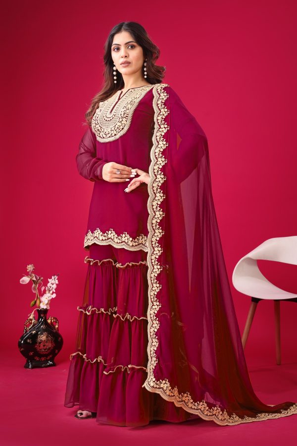 Red Faux Georgette Embroidery Sequence Work Salwar Suit - Image 3