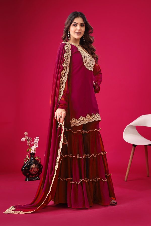Red Faux Georgette Embroidery Sequence Work Salwar Suit - Image 4