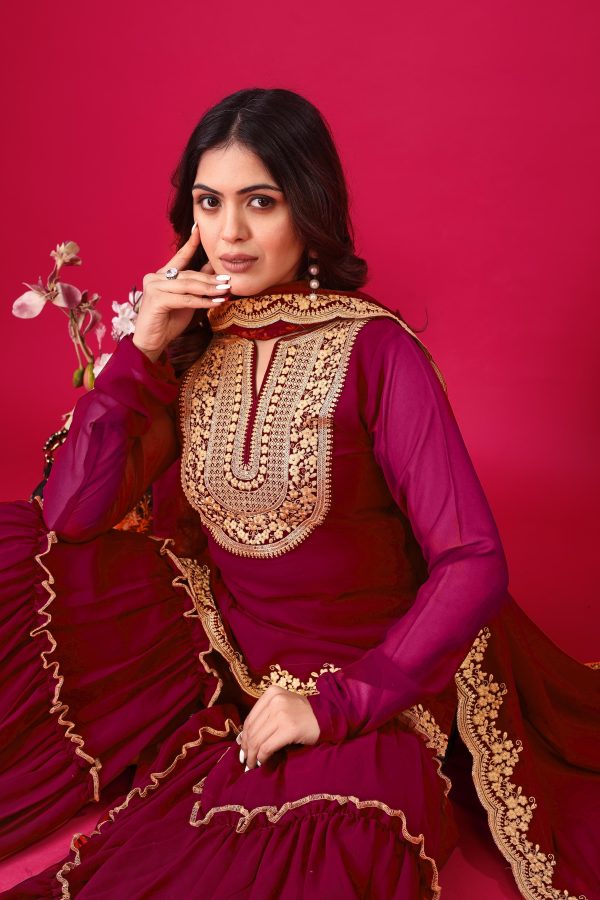 Red Faux Georgette Embroidery Sequence Work Salwar Suit - Image 5