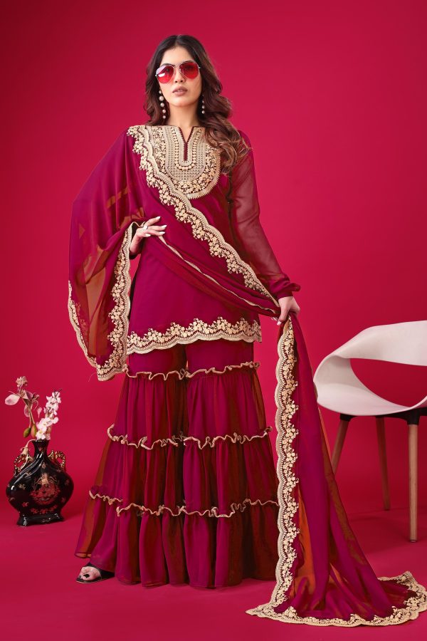 Magical Red Color Faux Georgette Embroidery Sequence Work Salwar Suit