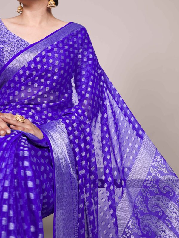 Royal Blue Nylon Georgette Zari Weaving Work Saree - Image 2