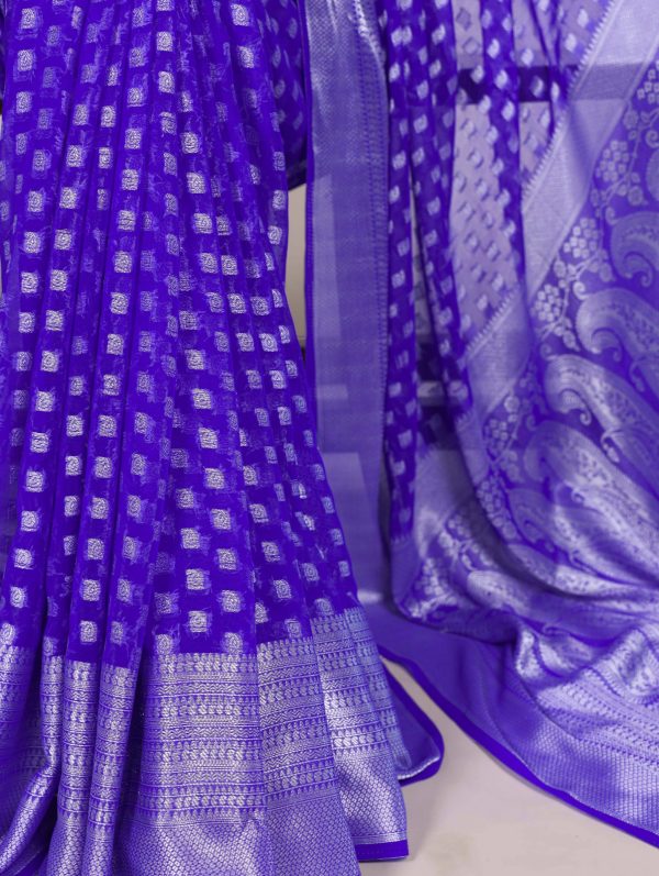Royal Blue Nylon Georgette Zari Weaving Work Saree - Image 3