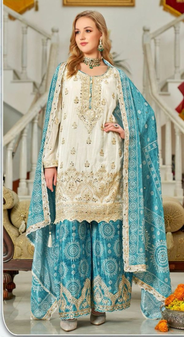 Nice Blue Color Chinon Sequence Mirror Hand Work Salwar Suit