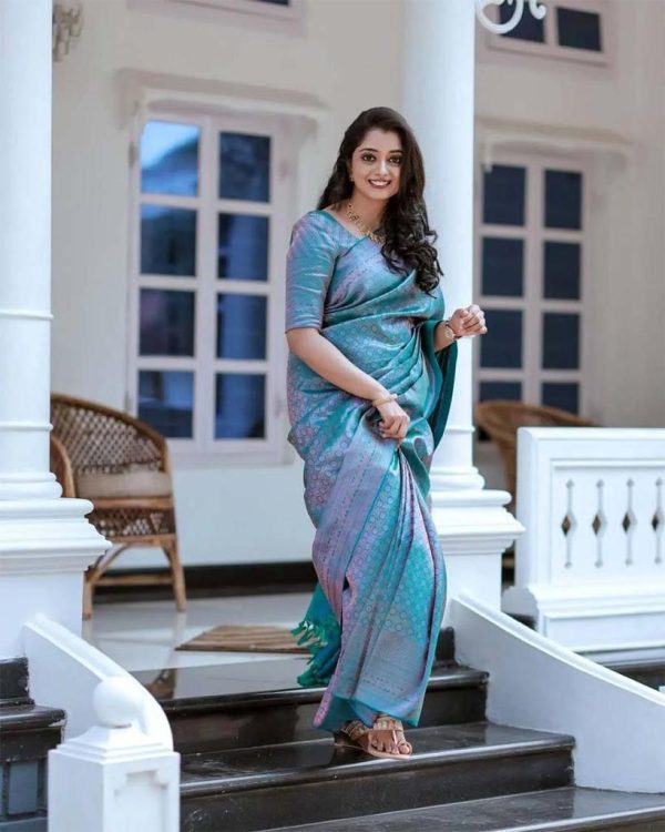 Blue Soft Litchi Silk Jacquard Work On All Over Saree - Image 2