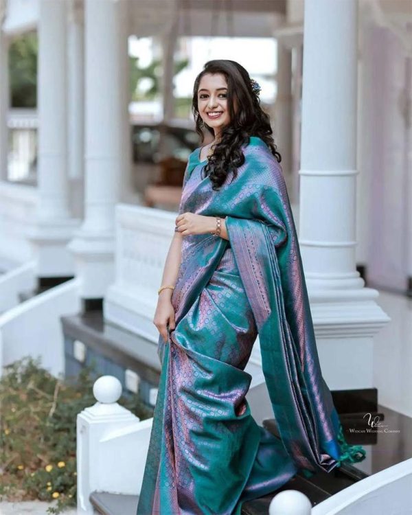 Blue Soft Litchi Silk Jacquard Work On All Over Saree - Image 3