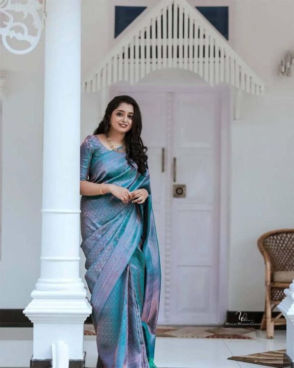 Blue Soft Litchi Silk Jacquard Work On All Over Saree - Image 9