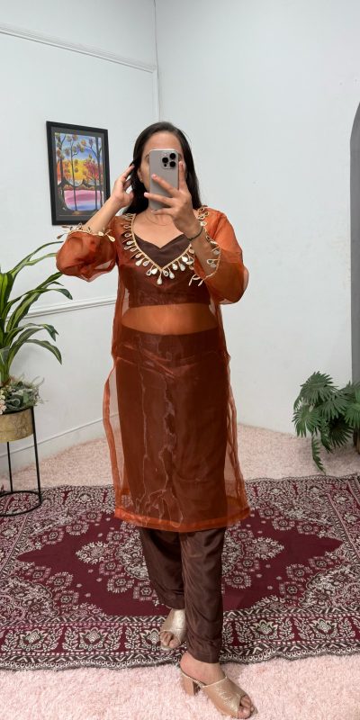 ST 1100 Brown Color Organza Mirror Lace Work Salwar Suit Casual, Wedding, Festive, Events . Expected Delivery 4-6 Working Days @1699/- only | Jump Suits, Salwar suit, Casual Suits, Creative suits, Designer Suits, Palazzo Suits, Party Wear Suits, Patiala Suits, Straight Suits