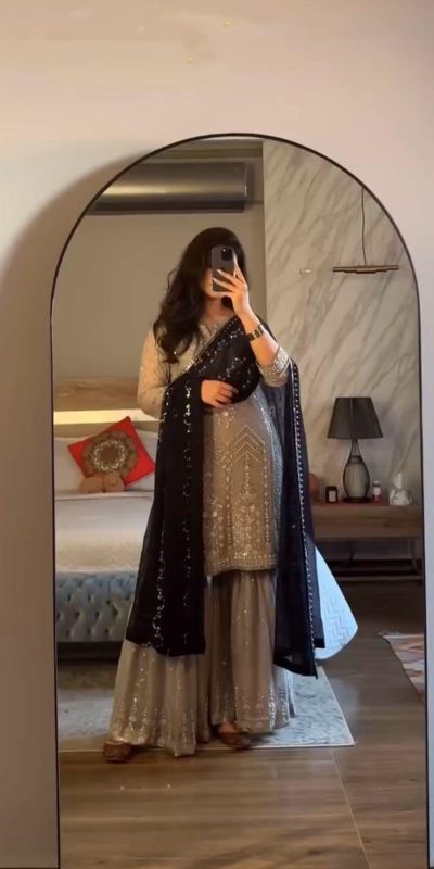 SRK 5246 Grey Color Faux Georgette Embroidery Sequence Beads Work Salwar Suit Casual, Wedding, Party, Festive, Events Etc.4-6 Working Days@ 2099/-only | Jump Suits, Salwar suit, Casual Suits, Creative suits, Designer Suits, Palazzo Suits, Party Wear Suits, Patiala Suits, Straight Suits