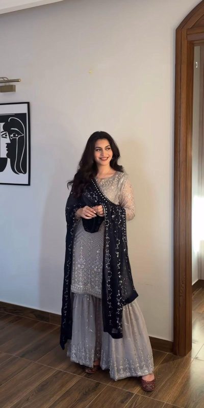 SRK 5246 Grey Color Faux Georgette Embroidery Sequence Beads Work Salwar Suit Casual, Wedding, Party, Festive, Events Etc.4-6 Working Days@ 2099/-only | Jump Suits, Salwar suit, Casual Suits, Creative suits, Designer Suits, Palazzo Suits, Party Wear Suits, Patiala Suits, Straight Suits